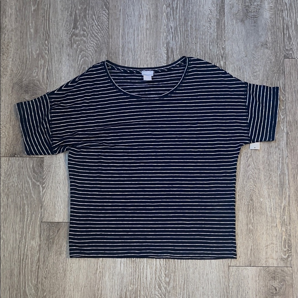 New Chico's Navy and White Striped Top 100% linen short sleeve blouse nautical